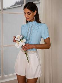 Simplee Contrast Lace Frill Neck Puff Sleeve Blouse - Blue - View 3