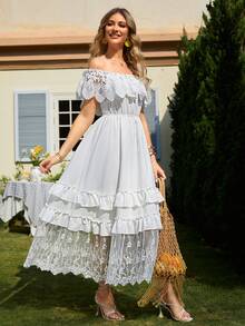 Simplee 一字肩蕾絲拼接多層下擺連衣裙 - 白色 - 查看 4