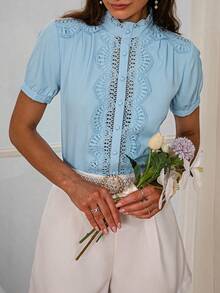 Simplee Contrast Lace Frill Neck Puff Sleeve Blouse - Blue - View 5