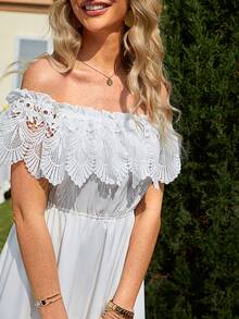 Simplee 一字肩蕾絲拼接多層下擺連衣裙 - 白色 - 查看 6