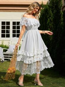 Simplee 一字肩蕾絲拼接多層下擺連衣裙 - 白色 - 查看 7