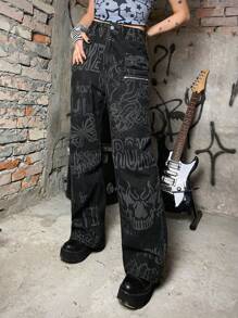 ROMWE Grunge Punk 字母圖案闊腿牛仔褲 - 深灰色 - 查看 2