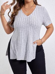 SHEIN Essnce Plus Split Hem Tee - Light Grey - View 1