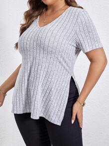 SHEIN Essnce Plus Split Hem Tee - Light Grey - View 3