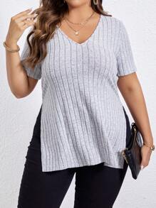 SHEIN Essnce Plus Split Hem Tee - Light Grey - View 5