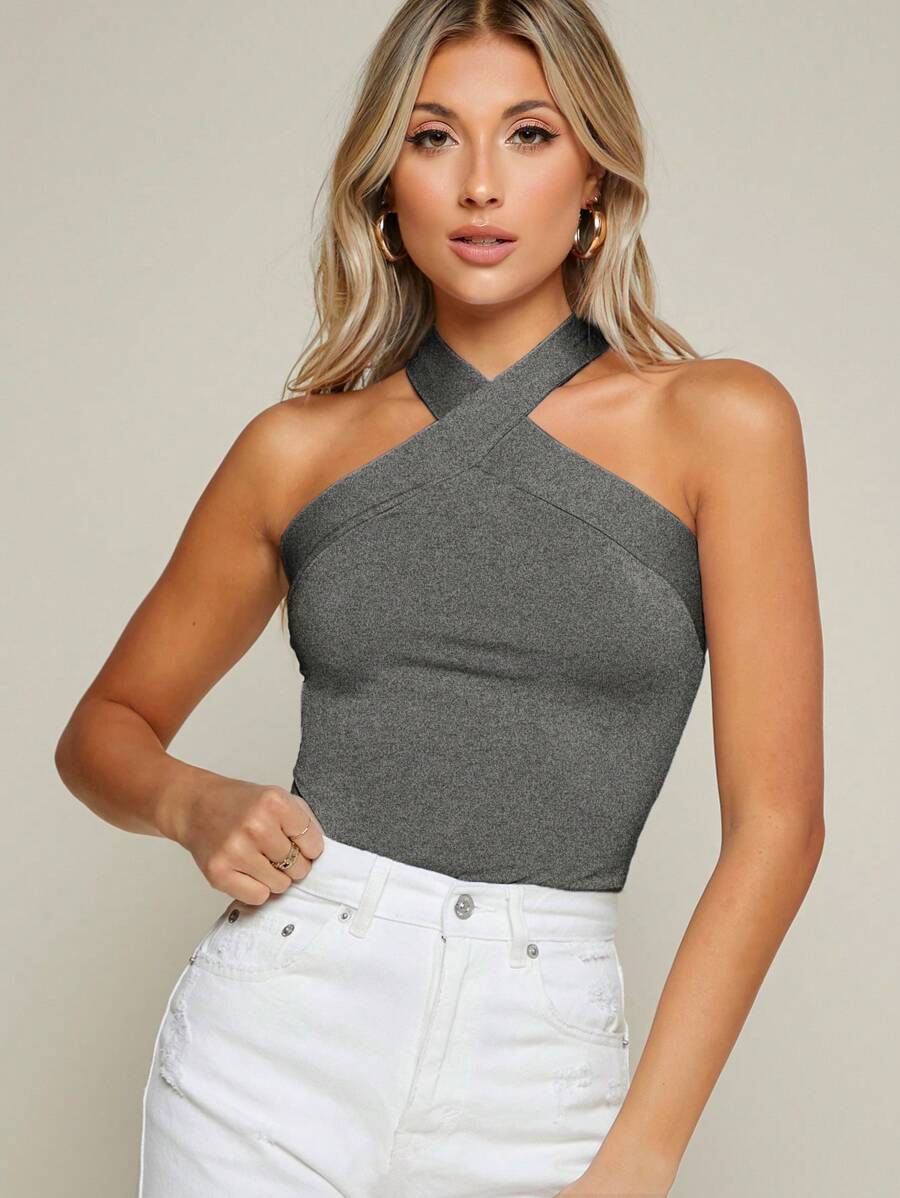 SHEIN BAE 素色十字交叉掛脖上衣 - 灰色 - 查看 1