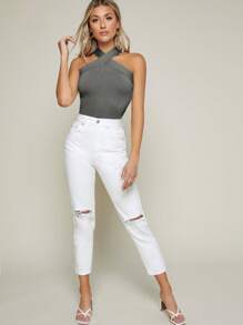 SHEIN BAE 素色十字交叉掛脖上衣 - 灰色 - 查看 3