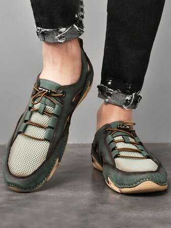 Men Color Block Handmade Sandals, Drawstring Front Fashion Dress Shoes