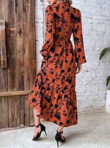 Breezaya 印花燈籠袖荷葉邊連衣裙不附腰帶 - 橘色 - 查看 2
