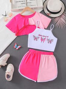 SHEIN Teen Girls Butterfly Print Cami Top & Shorts & Super Crop Tee - Multicolor - View 1