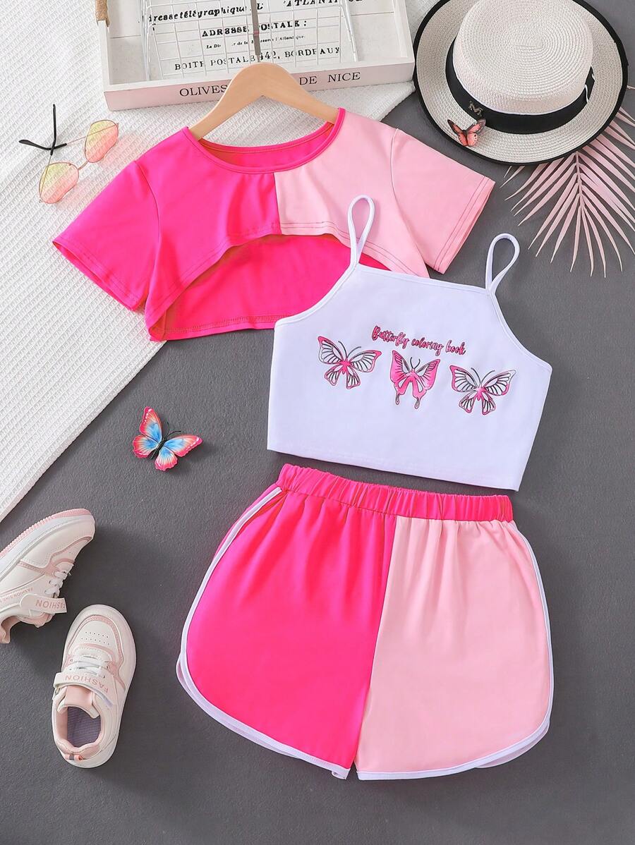 SHEIN Teen Girls Butterfly Print Cami Top & Shorts & Super Crop Tee - Multicolor - View 1