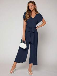 SHEIN Privé Mono de pierna ancha de manga mariposa con cinturón - Azul Marino - Ver 3