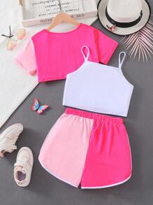 SHEIN Teen Girls Butterfly Print Cami Top & Shorts & Super Crop Tee - Multicolor - View 2