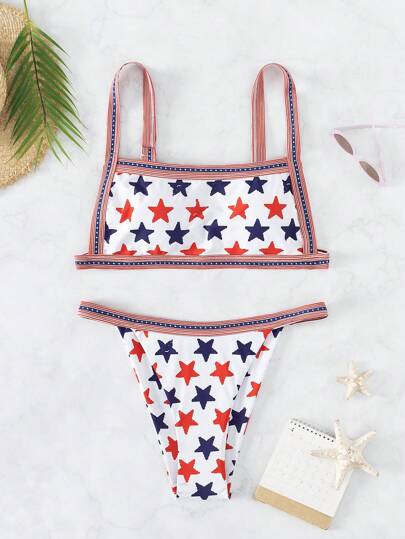 Star Print Contrast Trim Bikini Set For Summer Beach Vacation