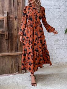 Breezaya 印花燈籠袖荷葉邊連衣裙不附腰帶 - 橘色 - 查看 4
