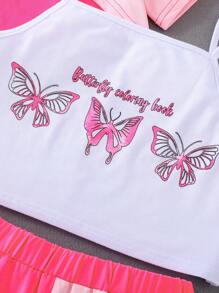 SHEIN Teen Girls Butterfly Print Cami Top & Shorts & Super Crop Tee - Multicolor - View 6