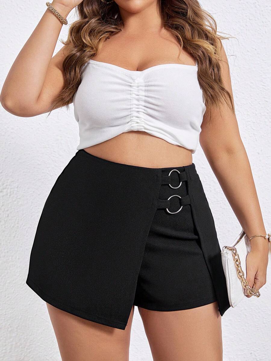 SHEIN Privé تنورة بتفاصيل حلقة O حافة غير متماثل مقاس كبير - الأسود - مشاهدة 1