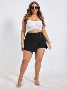 SHEIN Privé تنورة بتفاصيل حلقة O حافة غير متماثل مقاس كبير - الأسود - مشاهدة 3