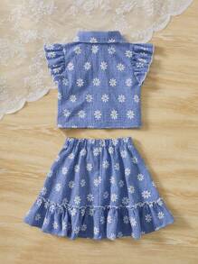 SHEIN Young Girl Floral Print Ruffle Trim Shirt & Skirt