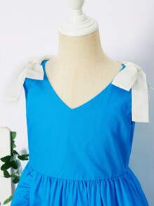 SHEIN Girls Contrast Bow Detail Ruffle Trim Wrap Hem Dress - Blue - View 4