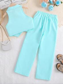 SHEIN Girls Lapel Neck Vest Jacket & Trousers - Blue - View 2