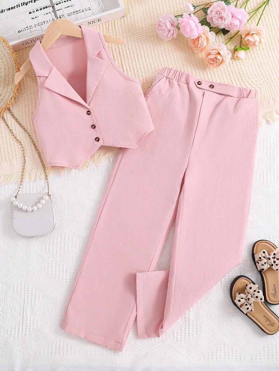 SHEIN Cô gái Tween Nút phía trước Cổ áo Áo khoác vest & Quần - Hồng - Xem 1