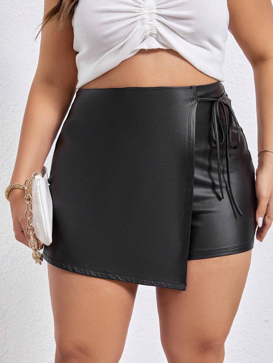 SHEIN Privé Plus Knot Side PU Leather Skort - Black - View 1