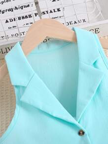 SHEIN Girls Lapel Neck Vest Jacket & Trousers - Blue - View 4