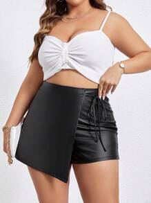 SHEIN Privé Plus Knot Side PU Leather Skort - Black - View 4