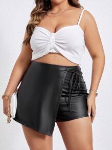 SHEIN Privé Plus Knot Side PU Leather Skort - Black - View 5