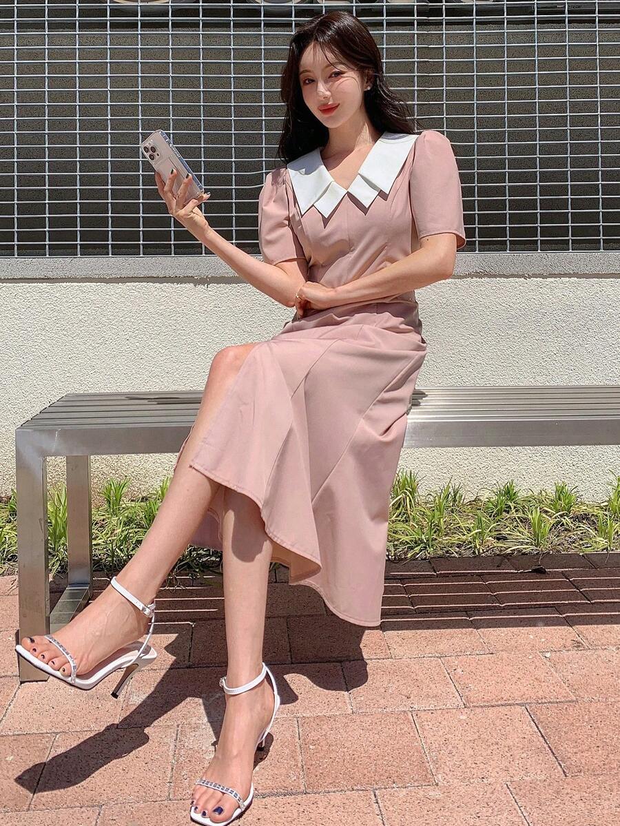DAZY Đầm Tương phản ren Khối Màu Thanh lịch - Hồng - Xem 1