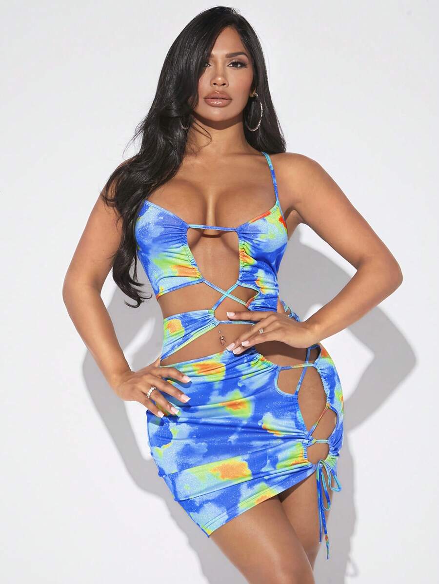 SHEIN SXY Đầm Cắt ra Ren lên Cà vạt nhuộm Gợi cảm