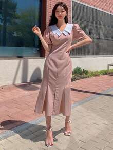 DAZY Đầm Tương phản ren Khối Màu Thanh lịch - Hồng - Xem 7