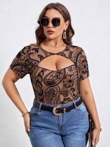 SHEIN Privé Plus 佩斯利印花镂空 T 恤，夏季 - 彩色 - 查看 3