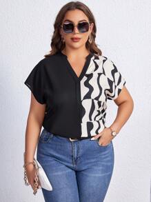 SHEIN Clasi Áo sơ mi Plus Size Đồ họa Giải trí - Đen và trắng - Xem 4