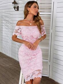Eilly Bazar Off The Shoulder Guipure Lace Slit Hem Dress - Baby Pink - View 3