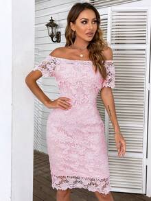 Eilly Bazar Off The Shoulder Guipure Lace Slit Hem Dress - Baby Pink - View 4