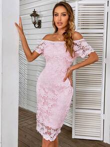 Eilly Bazar Off The Shoulder Guipure Lace Slit Hem Dress - Baby Pink - View 6
