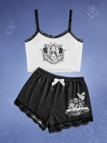 Corpse Bride | ROMWE Conjunto de pijama con contraste gráfico de encaje, para la escuela - Blanco y Negro - Ver 1