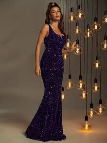 缺口V領亮片舞會連衣裙 - 紫色 - 查看 4