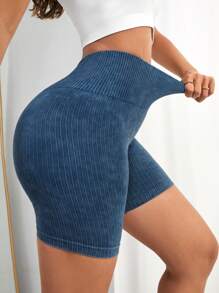 Yoga Basic Shorts deportivos de cintura ancha tejido de canalé - Azul - Ver 3