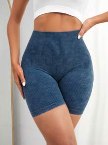 Yoga Basic Shorts deportivos de cintura ancha tejido de canalé - Azul - Ver 5