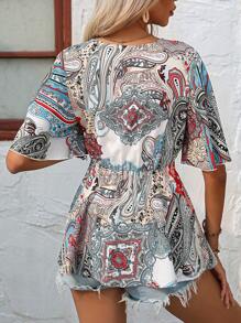 SHEIN VCAY 佩斯利印花蝴蝶袖腰帶圍裹女士襯衫 - 彩色 - 查看 2