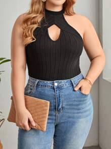 SHEIN Privé Áo hai dây Plus Size Cắt ra Gân đan màu trơn Giải trí - màu đen - Xem 5