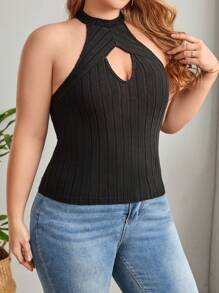 SHEIN Privé Áo hai dây Plus Size Cắt ra Gân đan màu trơn Giải trí - màu đen - Xem 6