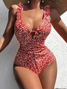 Traje de baño de una pieza con volantes y estampado floral ditsy, ideal para verano y vacaciones en la playa - Rojo y blanco - Ver 4