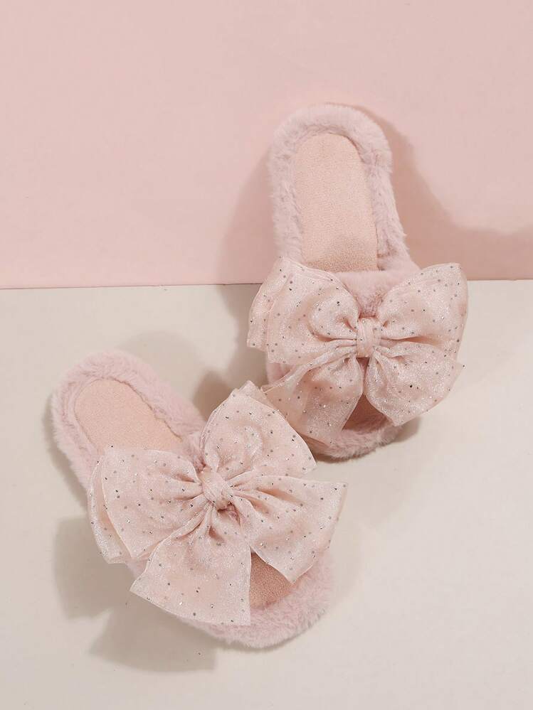 秋冬女士夏季露趾蝴蝶结网眼拖鞋，休闲软底防滑凉拖，毛绒拖鞋 - 粉色 - 查看 2