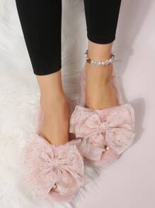 Women's Summer Open Toe Bowknot Mesh Slippers, Casual Soft Bottom Non-Slip Slides Sandals