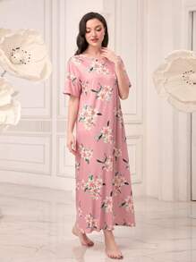 SHEIN Unity 花卉印花落肩睡裙，Moo Moo - 淺粉色 - 查看 4