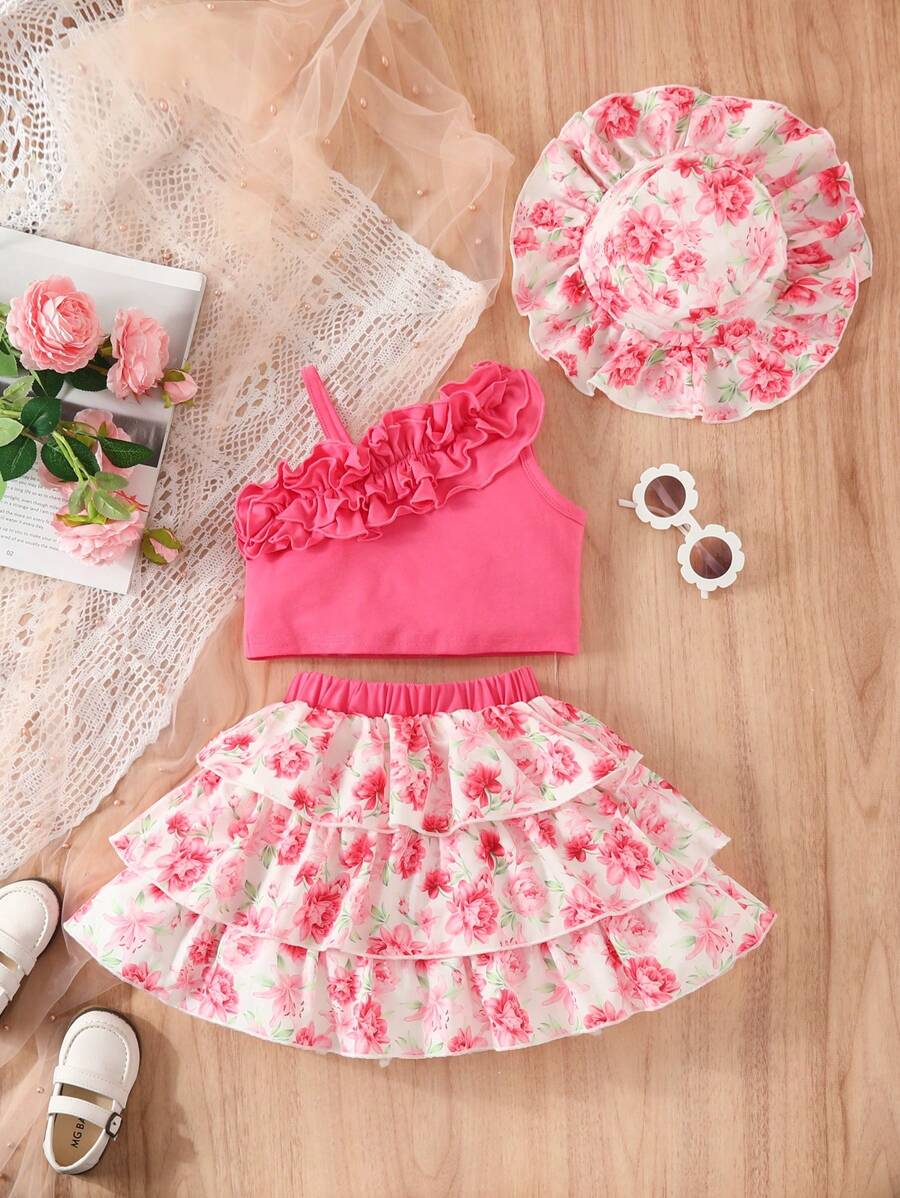 SHEIN Toddler Girls Ruffle Trim Top & Floral Print Skirt & Accessory Hat